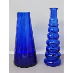 Vintage Cobalt Blue Glass Vase Set Decorative Ribbed & Cone Shapes Home‎ Décor